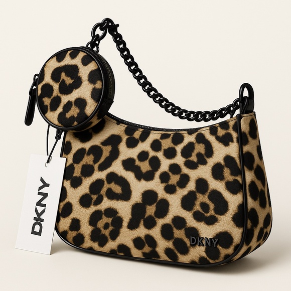DKNY Cairo MD Leopard Print Pouchette Crossbody Bag with Oval Coin Purse NWT - Picture 1 of 9